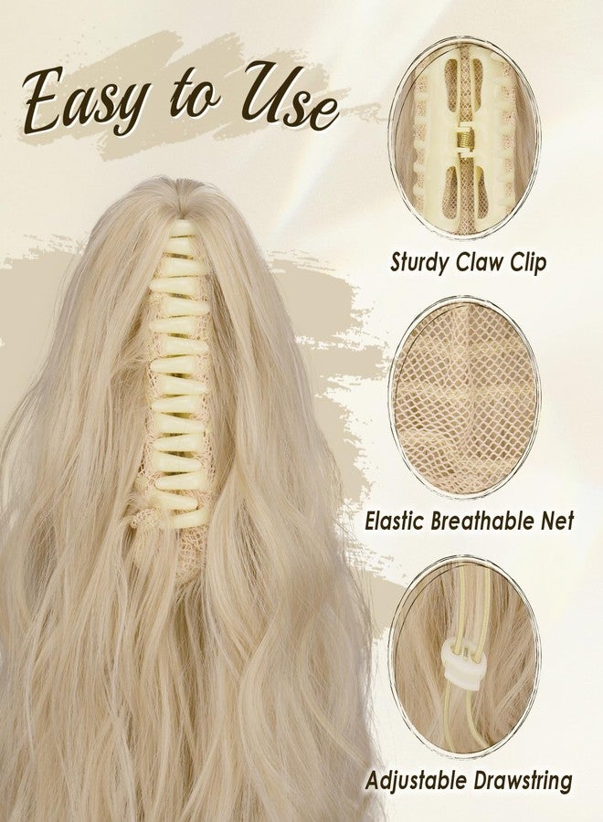 FESHFEN Claw Clip Ponytail Extensions - Long Pony Tail Hair Piece Wavy Curly Synthetic Hairpieces for Women, Platinum Blonde 26 inch - Image 3